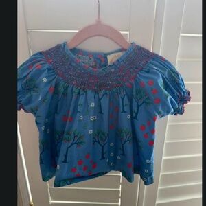 Blue floral baby blouse with smocking around collar Beaufort Bonnet 12-18 months